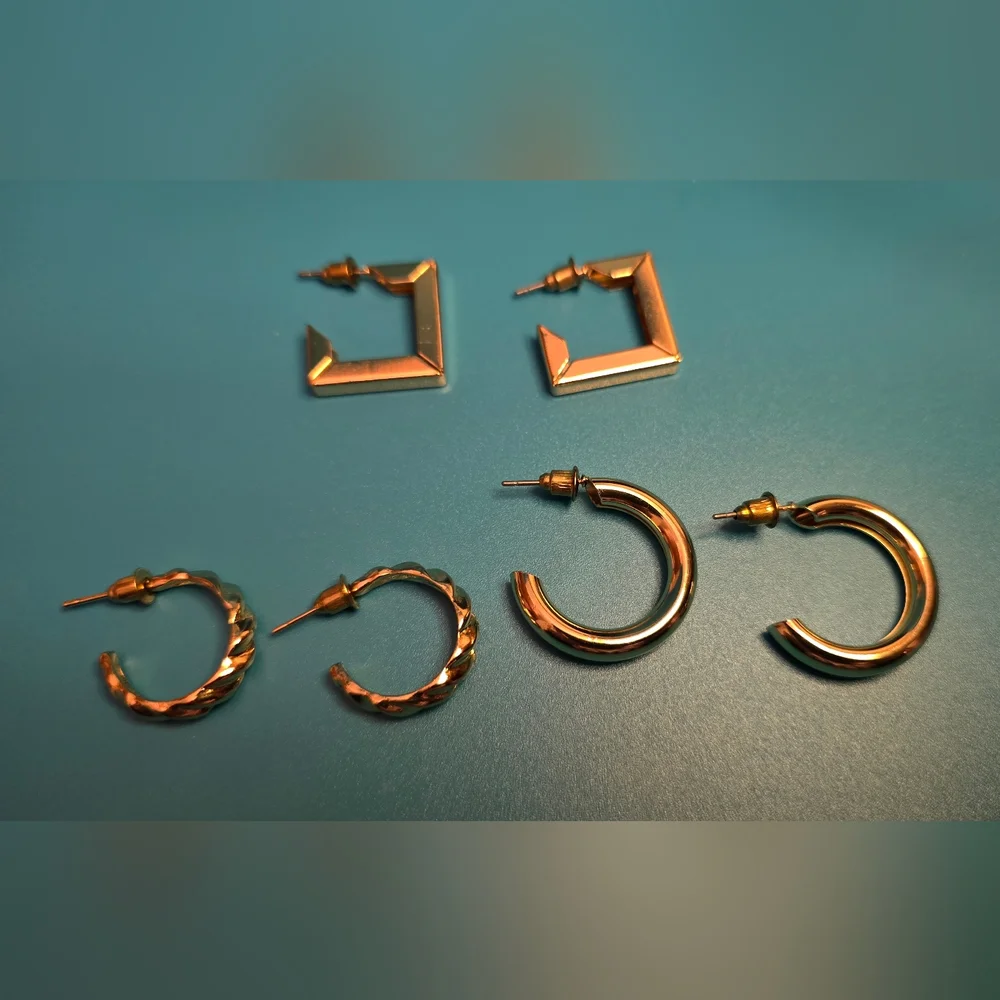 Gold Tone Hoop and Square Earring Set
